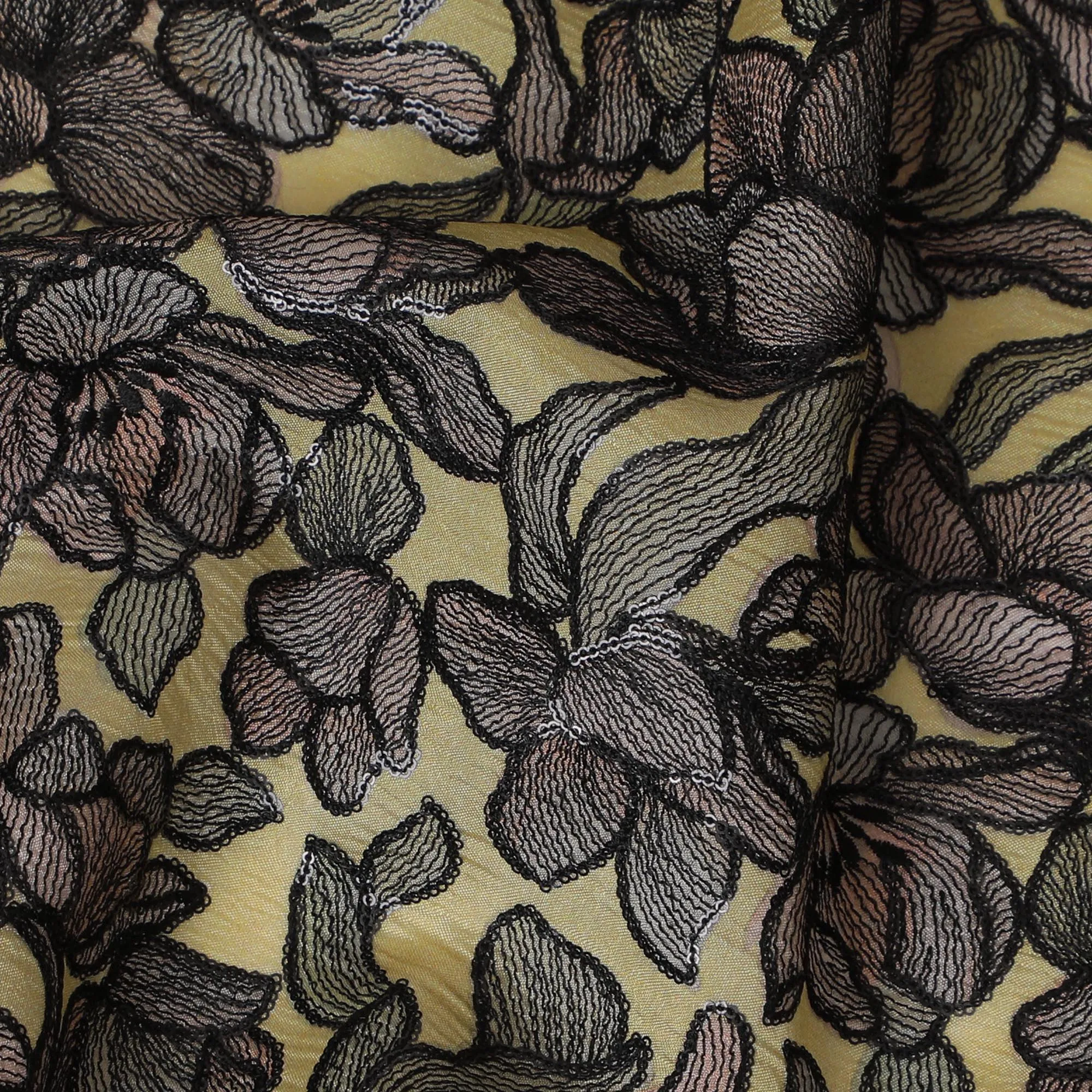 Golden Silk Organza Fabric with Black and Brown Floral Embroidery - 110 cm Wide - D19625