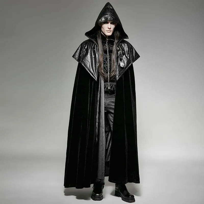 Gothic Black Velvet Men's Windbreaker Battle Cosplay Hooded Cloak