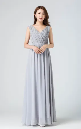 Gray Chiffon Bridesmaid Dress, V Neck Ruched Chiffon Wedding Dress 1911#