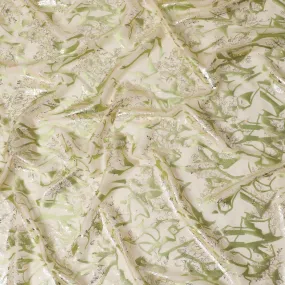 Green Silk Chiffon Metallic Fabric - Elegant Floral Design, Imported from South Korea, 110 cm Width  - D17657