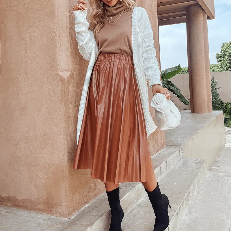 High Waist A-Line Pleated Faux Leather Skirt