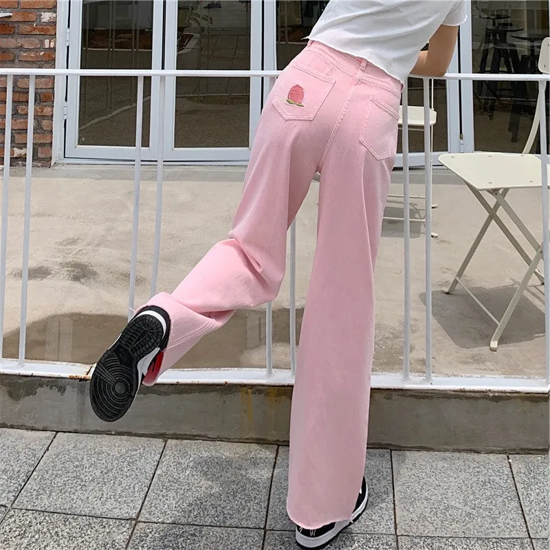 High Waist Soft Pastel Peach Print Embroidery Pink Pants