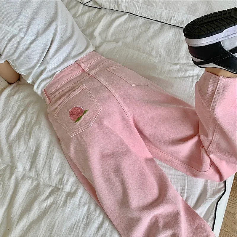 High Waist Soft Pastel Peach Print Embroidery Pink Pants