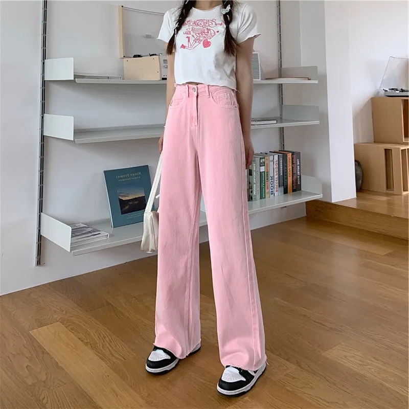 High Waist Soft Pastel Peach Print Embroidery Pink Pants