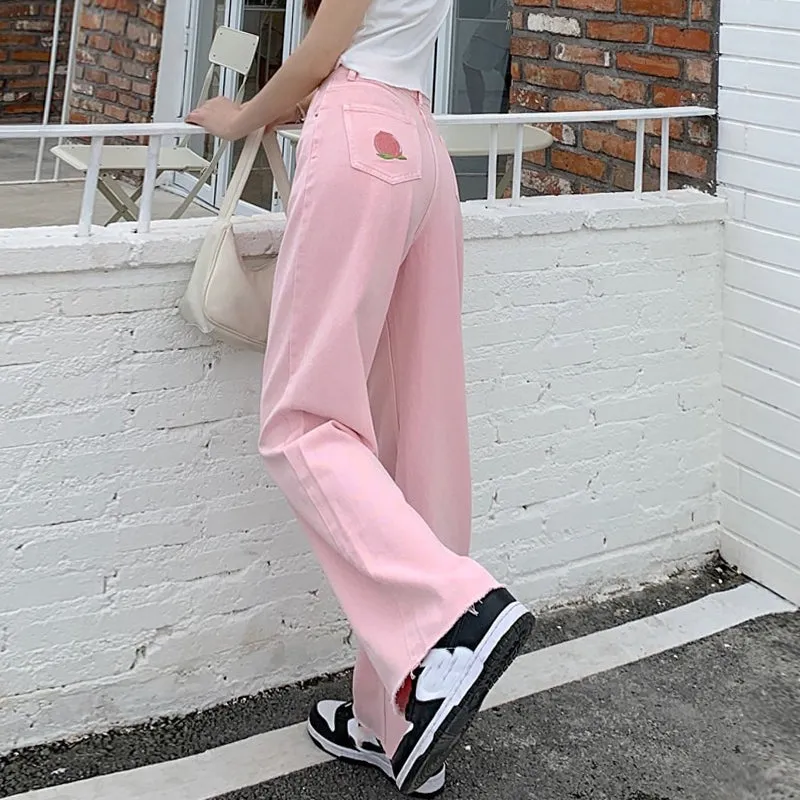 High Waist Soft Pastel Peach Print Embroidery Pink Pants