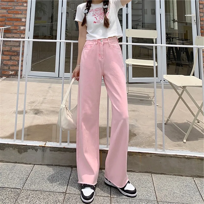 High Waist Soft Pastel Peach Print Embroidery Pink Pants