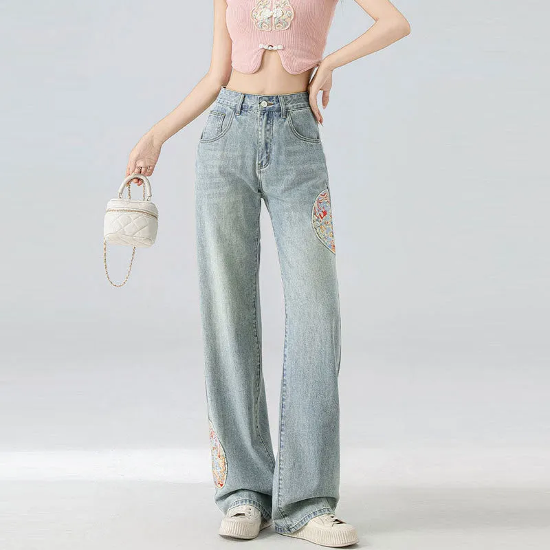 High Waist Straight Niche Design Embroidered Mopping Wide Leg Trousers