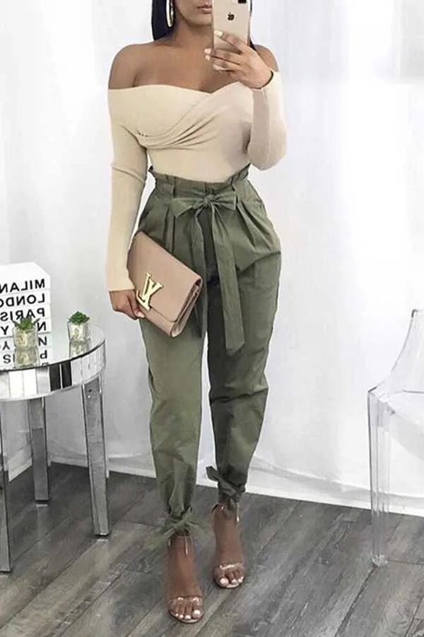 High Waisted Bow Tie Waist Cargo Pants Baggy Trousers