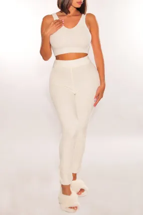 HMS Lounge: Off White Fuzzy Tank High Waist Jogger Pants Two Piece Set