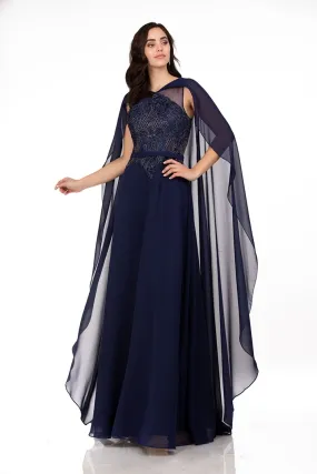 Lace Bodice Cape A-line Gown by Abby Paris 96067