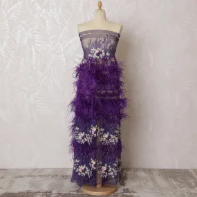 Lavish Purple Nylon Tulle Fabric with Floral Embroidery and Feather Trim - 140cm Wide-D19264