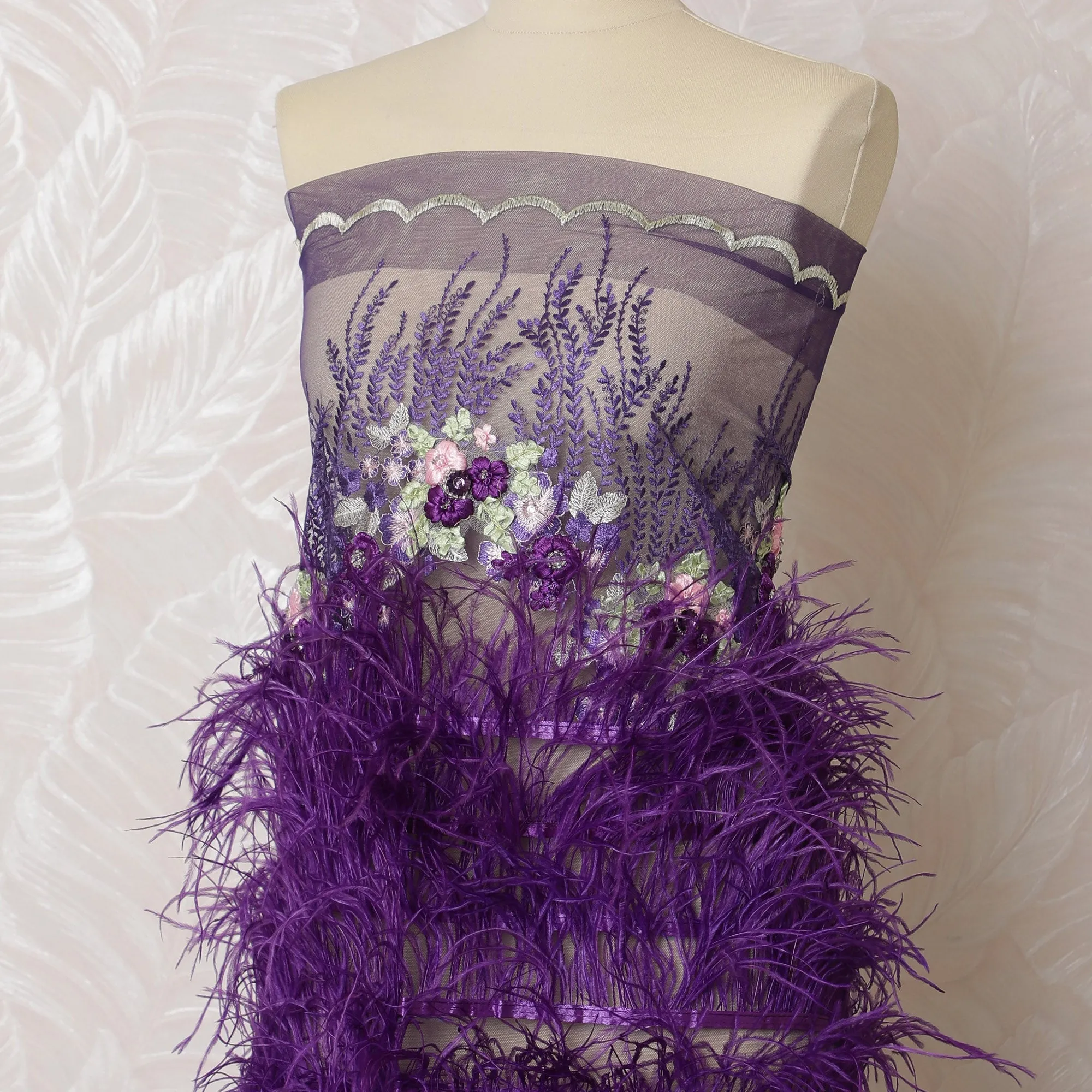 Lavish Purple Nylon Tulle Fabric with Floral Embroidery and Feather Trim - 140cm Wide-D19264