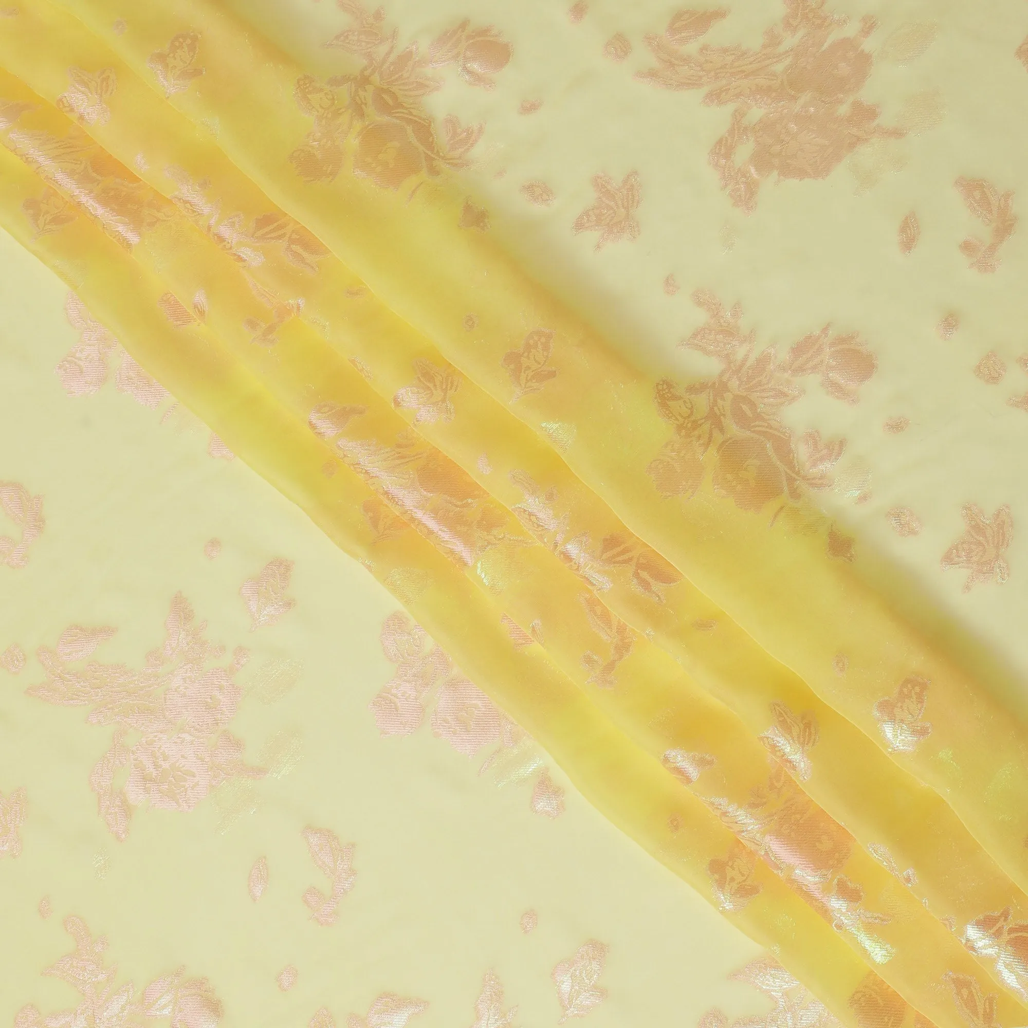 Lemon Cream Silk Chiffon Fabric with Rose Gold Lurex Florals, 110 cm Width - Imported from South Korea-D20242