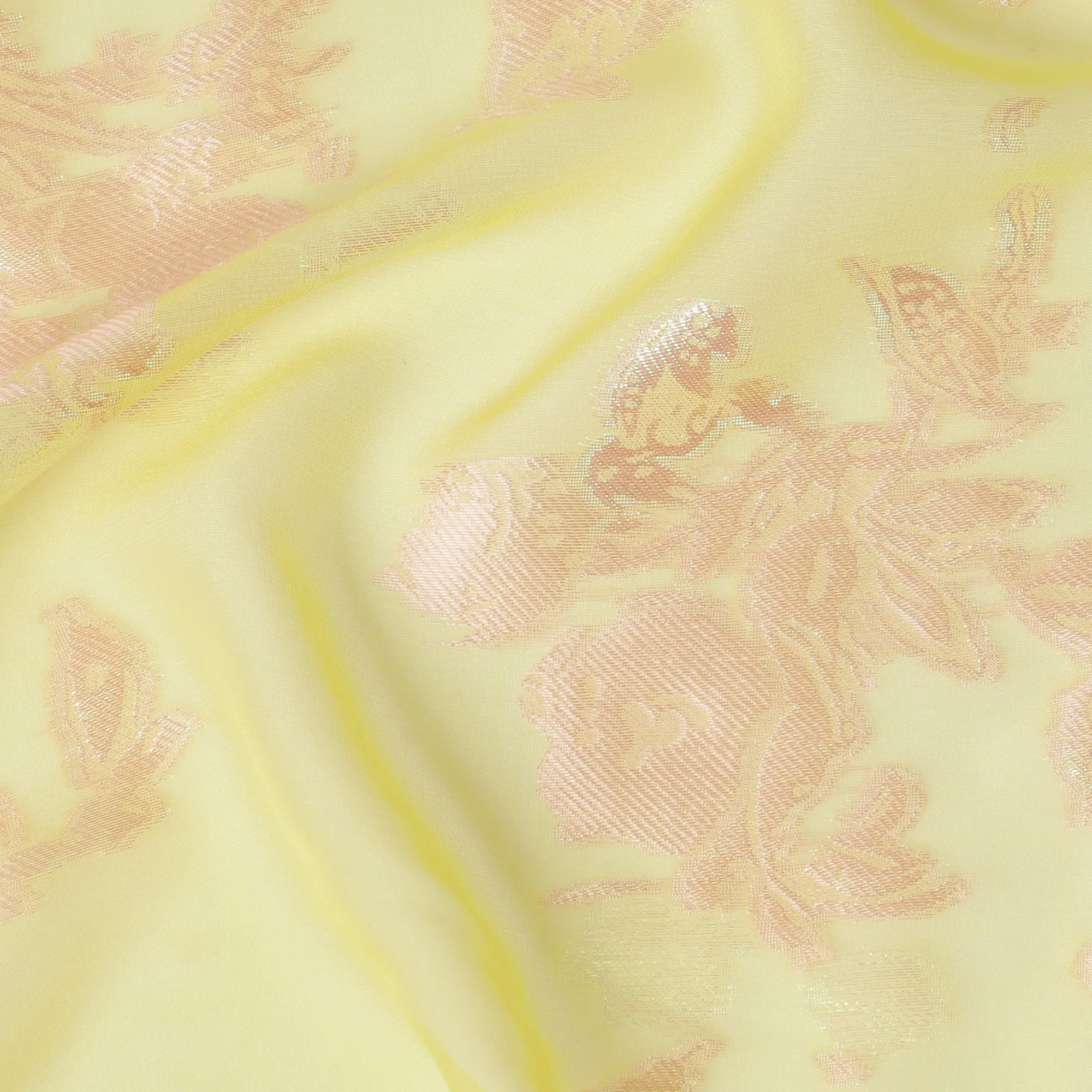 Lemon Cream Silk Chiffon Fabric with Rose Gold Lurex Florals, 110 cm Width - Imported from South Korea-D20242