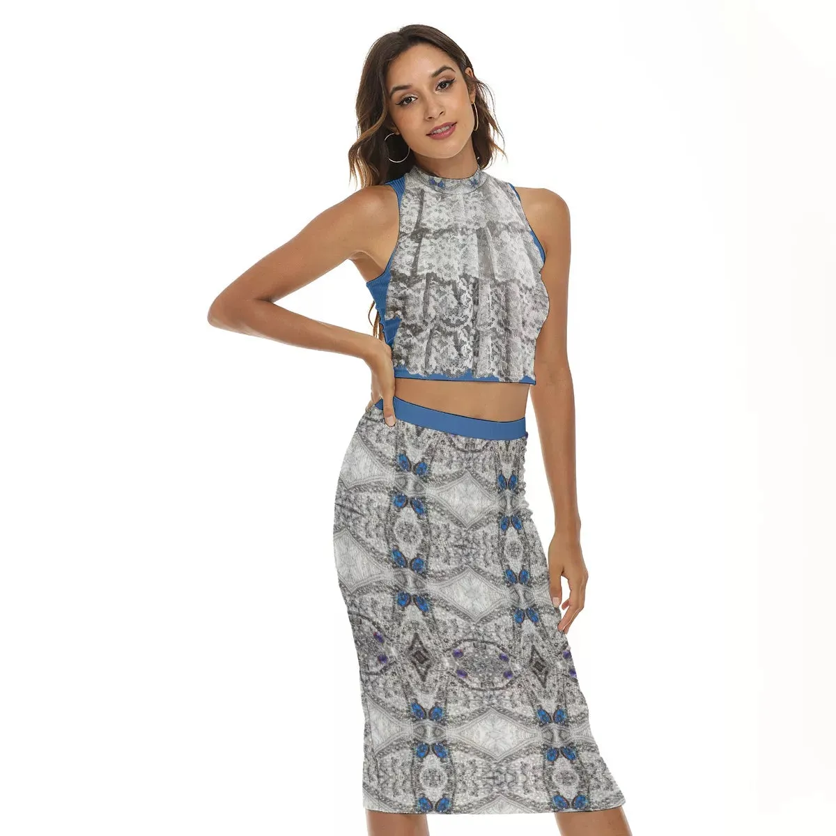 Liberace Ruffles and Cape Pattern Slit Skirt Sleeveless Set