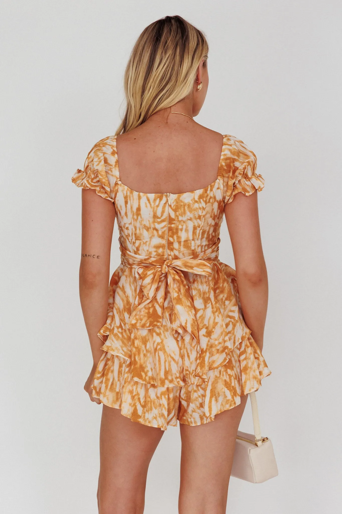 Linka Off-Shoulder Tie-Back Romper Print Orange