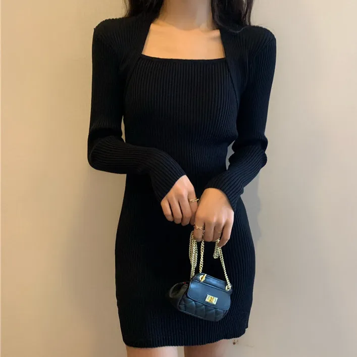 Long Sleeve Square Neck Solid Slim Fit Knit Dress