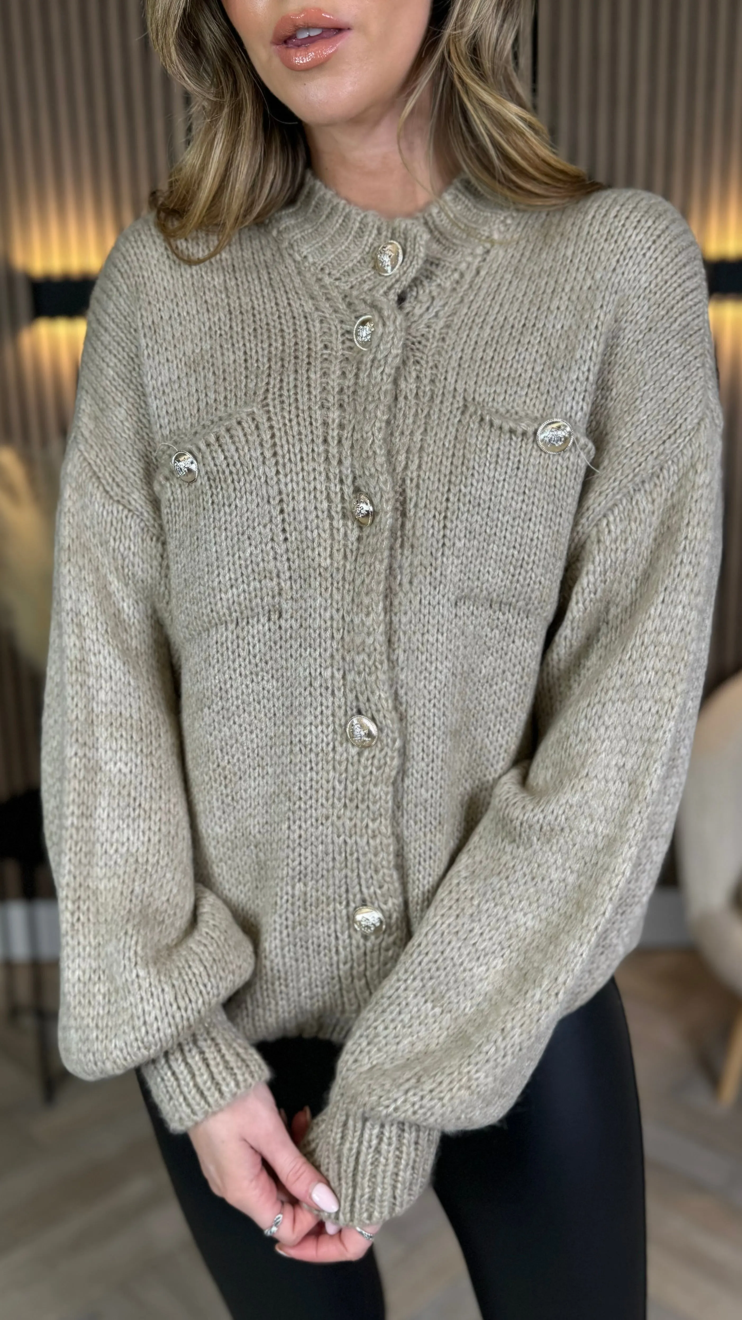 Lottie Taupe Chunky Knit Button Detail Cardigan