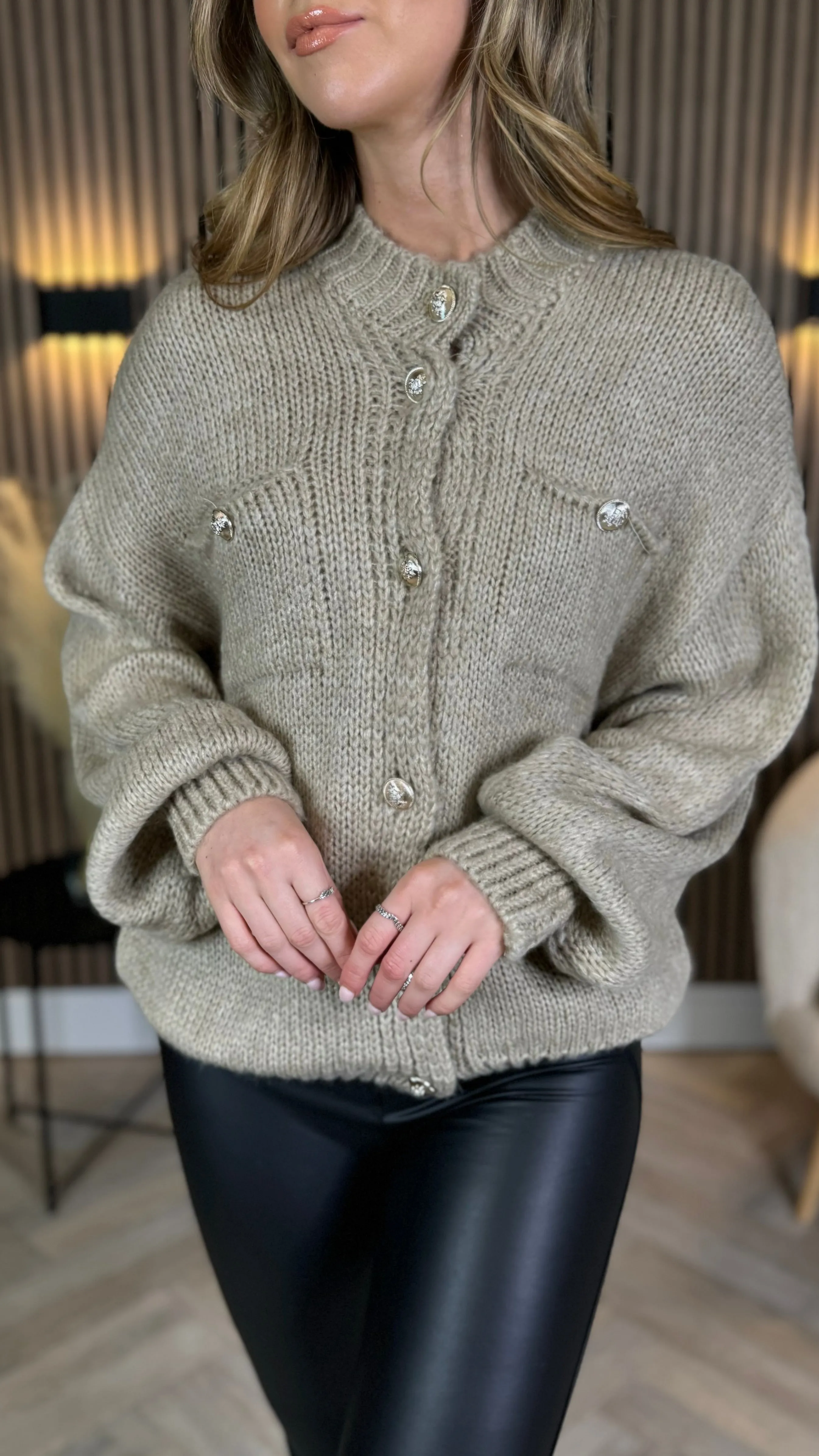 Lottie Taupe Chunky Knit Button Detail Cardigan