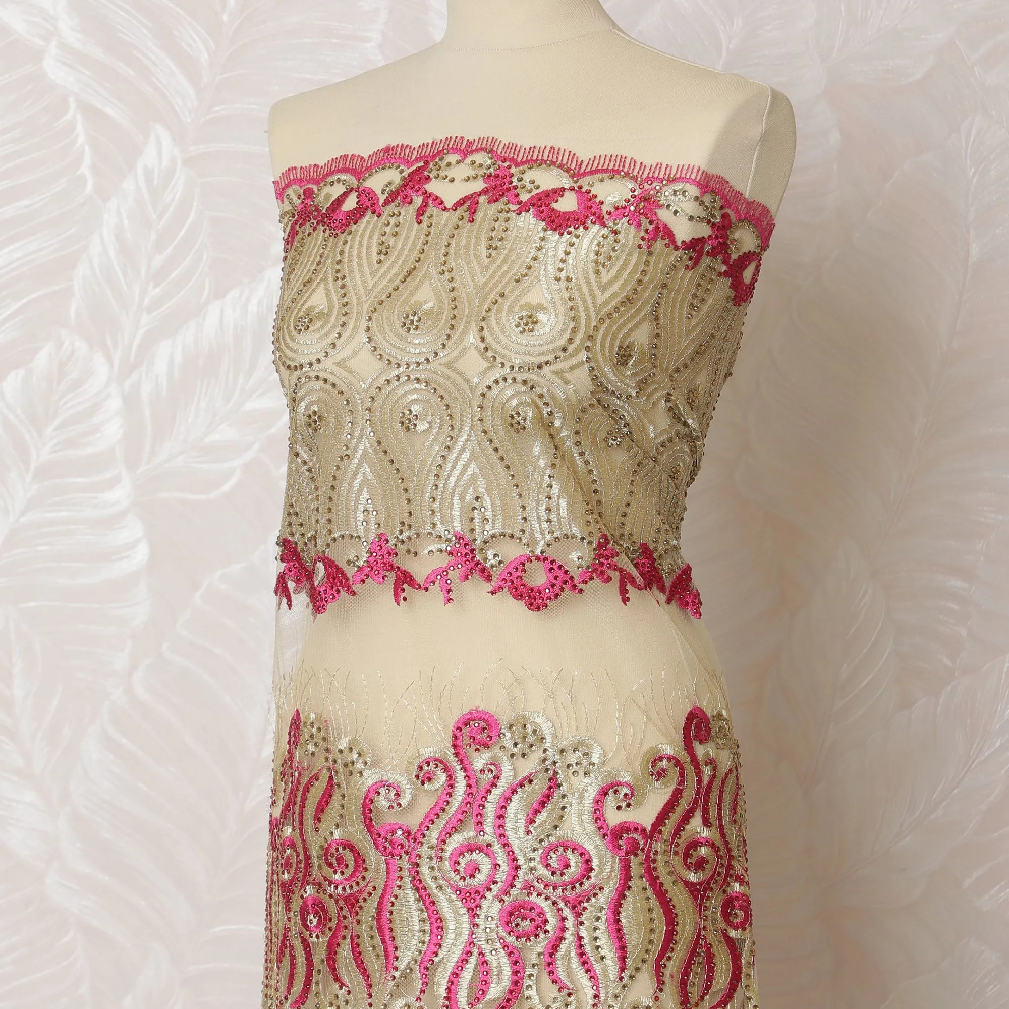 Luxurious Gold and Fuchsia Embroidered Nylon Tulle Fabric, 140 cm Wide â€“ Unique Paisley and Geometric Design-D19248