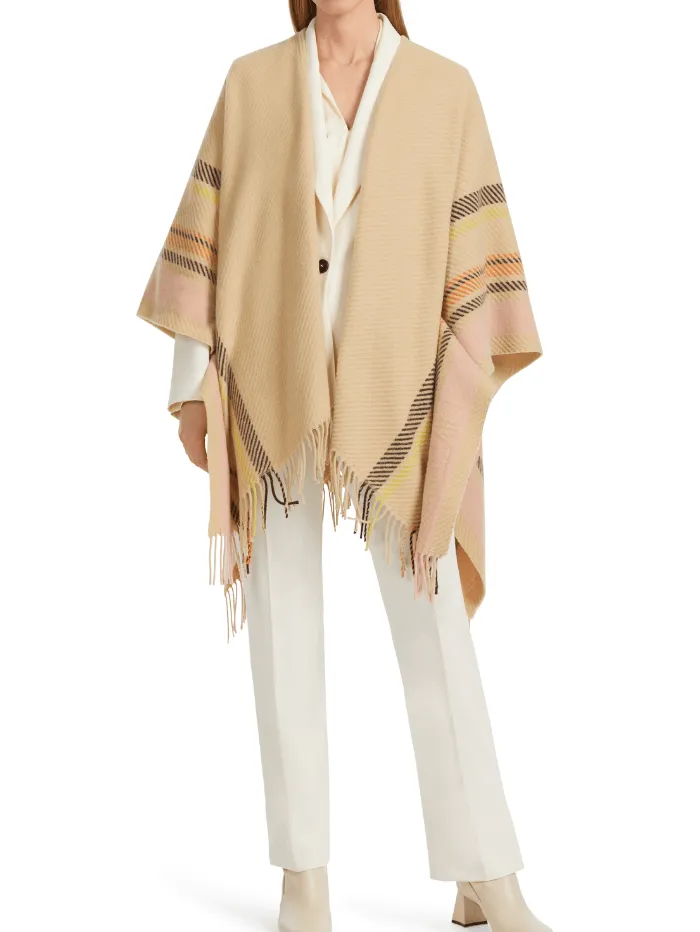 Marc Cain Collections Fringed Creamy Camel Cape Poncho VC 14.02 W66 COL 116