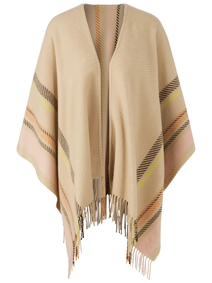 Marc Cain Collections Fringed Creamy Camel Cape Poncho VC 14.02 W66 COL 116