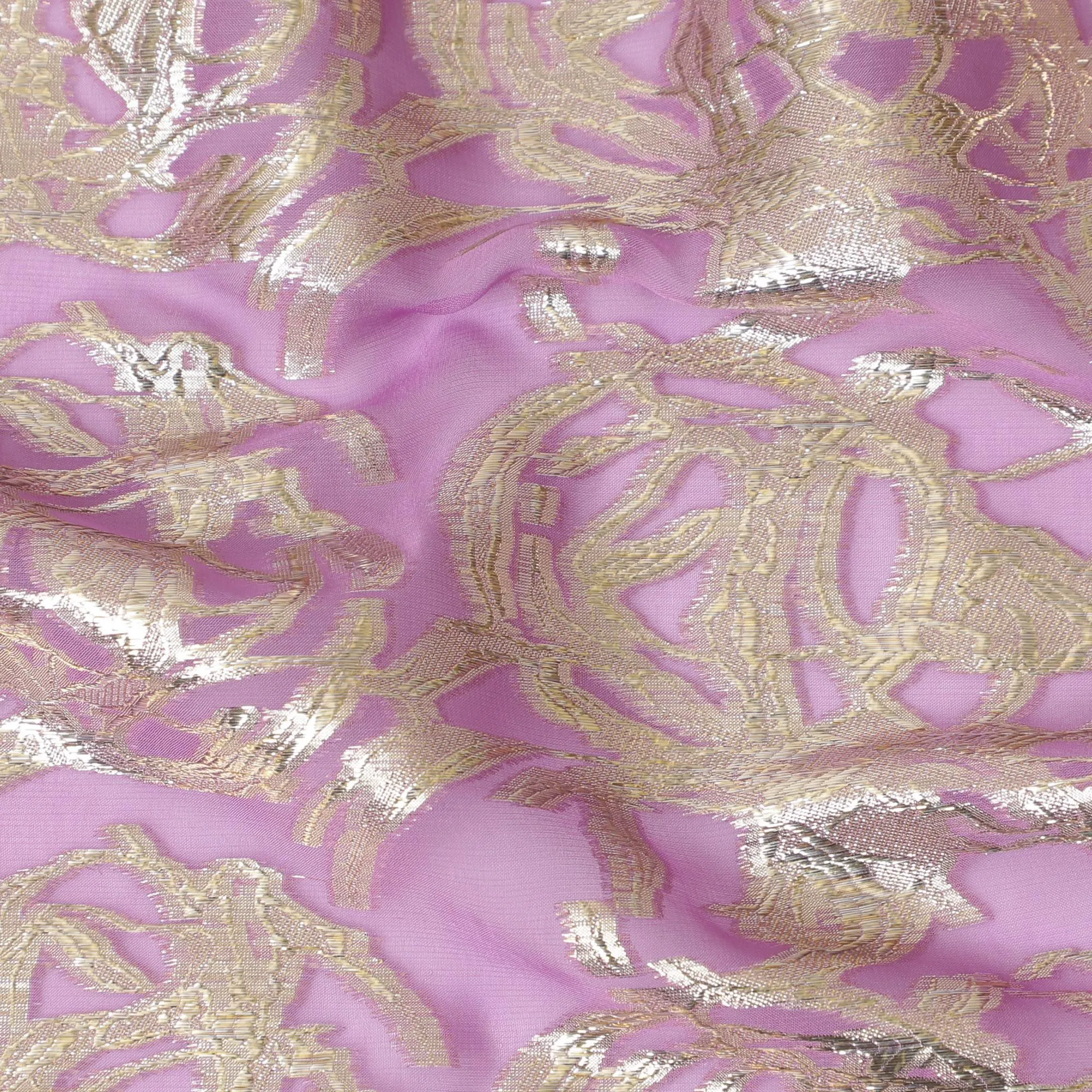 Mauve Pure Silk Chiffon with Golden Lurex Flourishes, 110cm Width - Luxuriously Crafted in South Korea-D17909