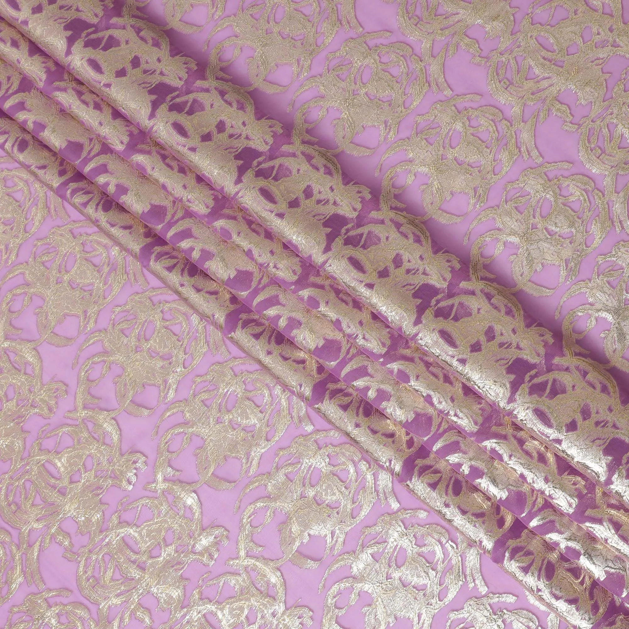 Mauve Pure Silk Chiffon with Golden Lurex Flourishes, 110cm Width - Luxuriously Crafted in South Korea-D17909