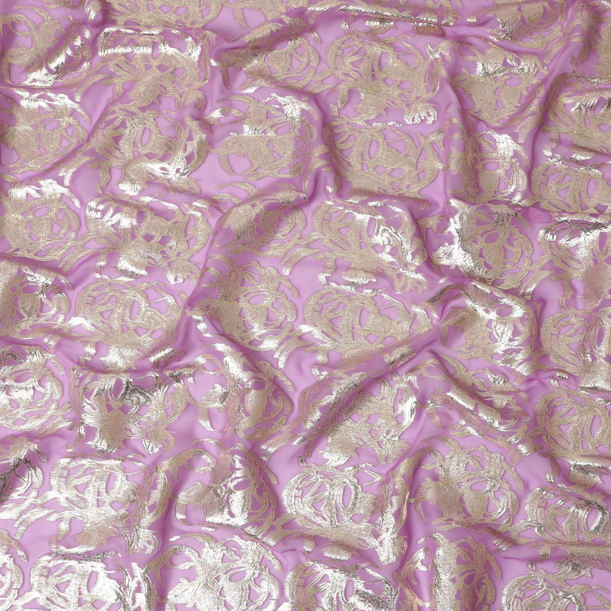 Mauve Pure Silk Chiffon with Golden Lurex Flourishes, 110cm Width - Luxuriously Crafted in South Korea-D17909