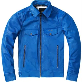 Mens Blue Trucker Style Motorcycle Cafe Racer Jacket