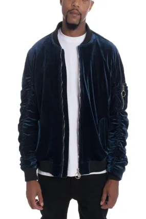 Mens Navy Blue Velour Bomber Jacket