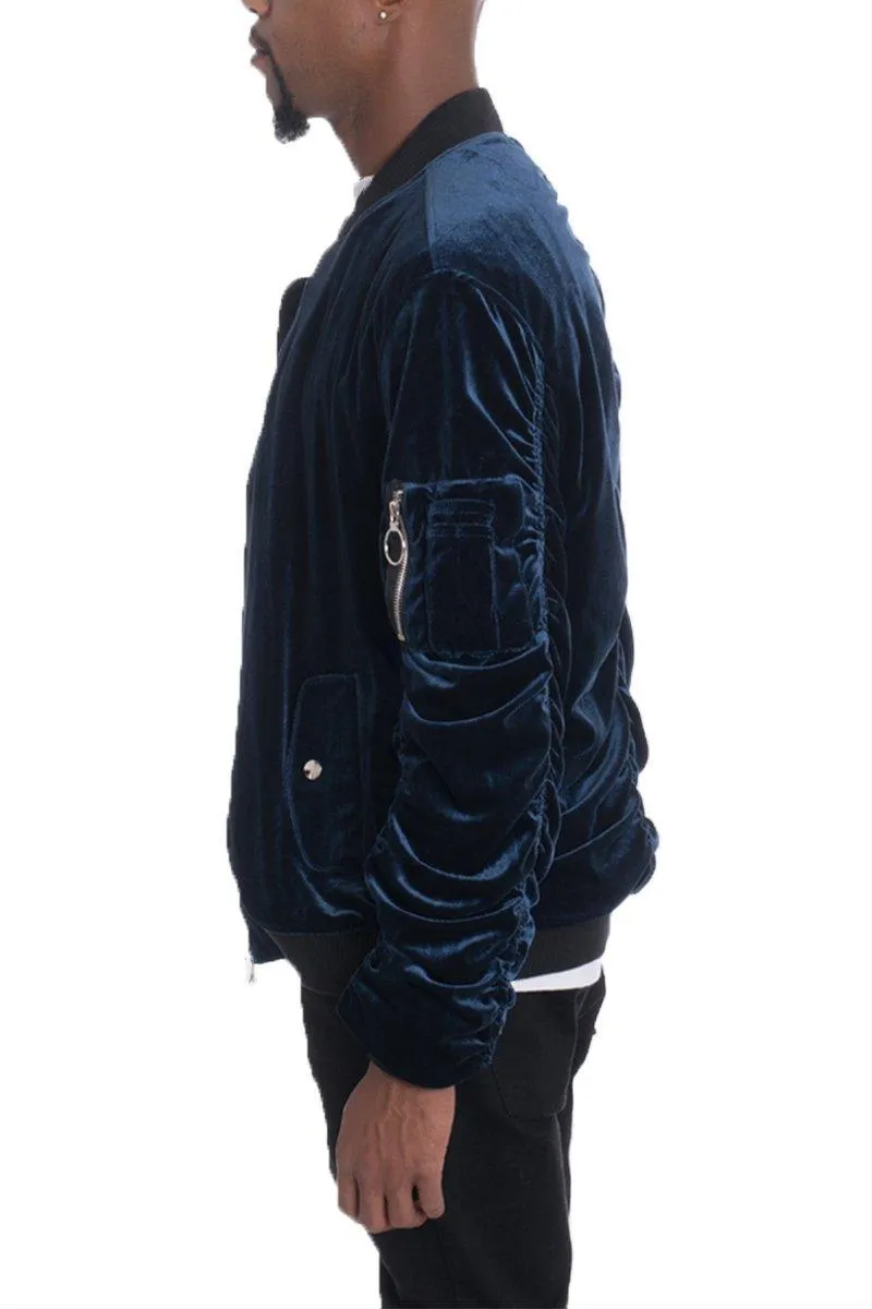 Mens Navy Blue Velour Bomber Jacket