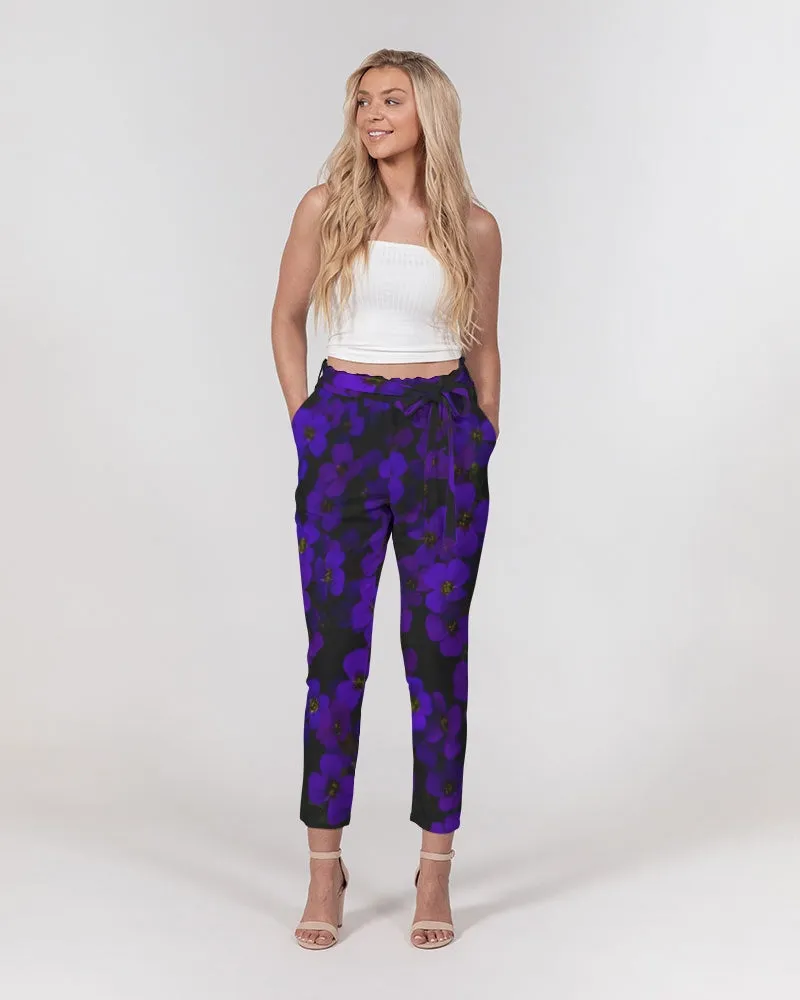 Midnight Purple Flowers Women's Belted Tapered Pants