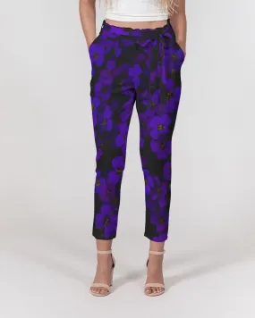 Midnight Purple Flowers Women's Belted Tapered Pants