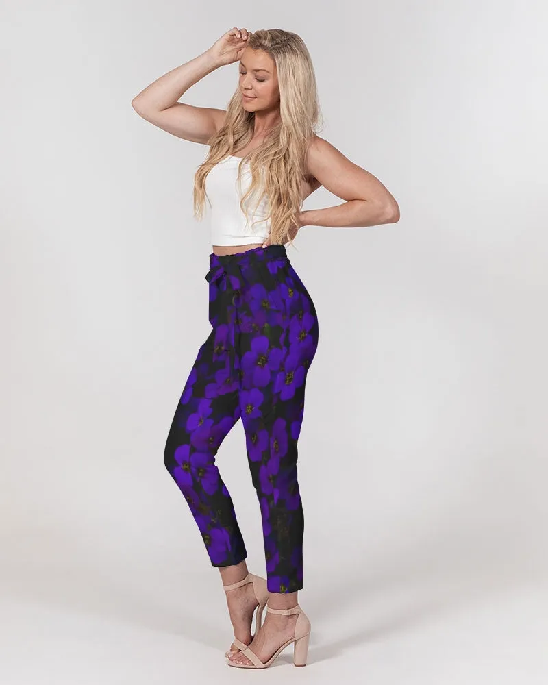 Midnight Purple Flowers Women's Belted Tapered Pants