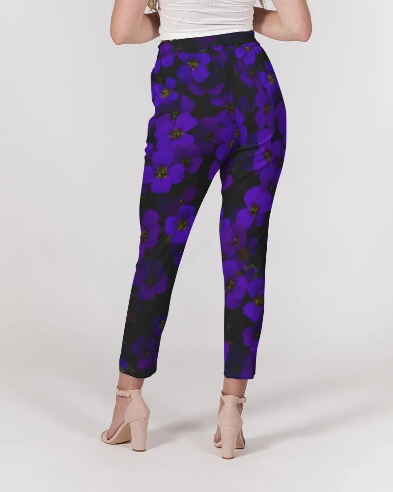 Midnight Purple Flowers Women's Belted Tapered Pants