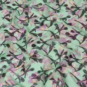 Mint Serenity Silk Chiffon Fabric with Purple Lurex Florals, 110cm Wide â€“ Enchanting Textile Art-D18392