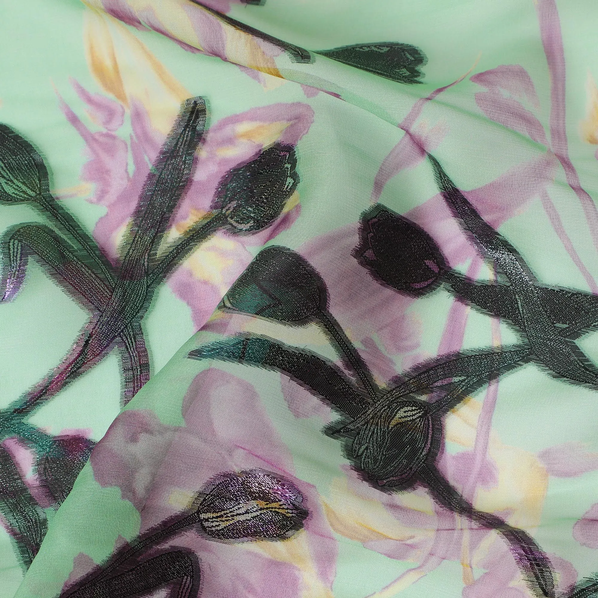 Mint Serenity Silk Chiffon Fabric with Purple Lurex Florals, 110cm Wide â€“ Enchanting Textile Art-D18392