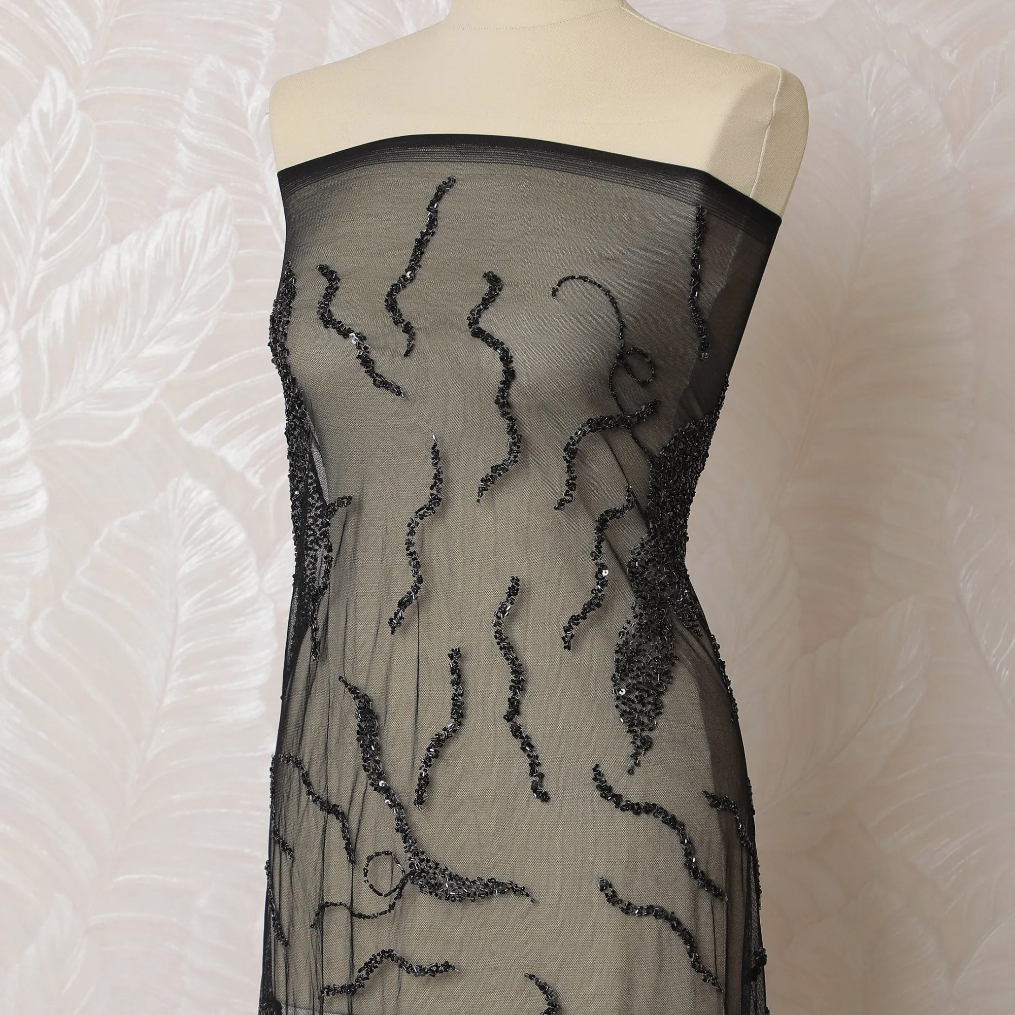 Mystic Black and Grey Nylon Tulle Fabric with Abstract Embroidery - 140cm Wide-D19274