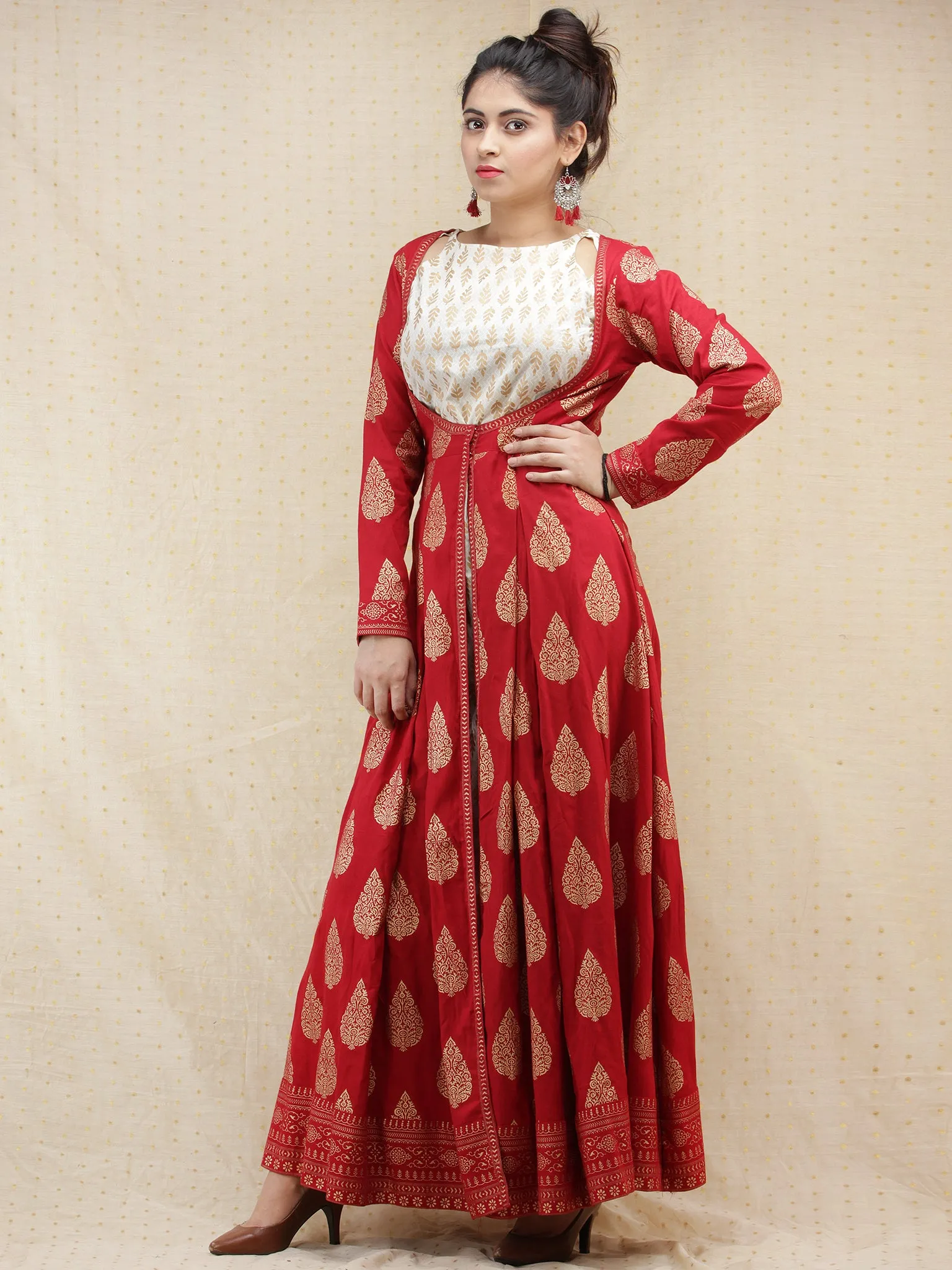 Nazakat - Red Gold Printed Long Cape Dress With Tunic - D377FXXx