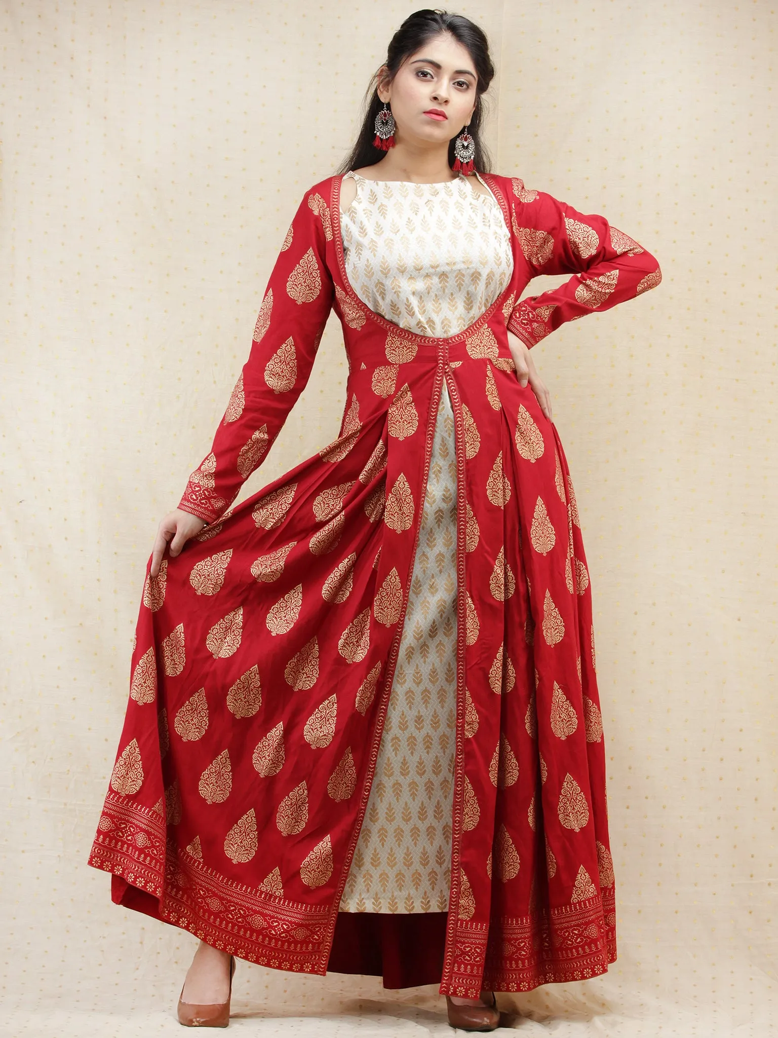 Nazakat - Red Gold Printed Long Cape Dress With Tunic - D377FXXx