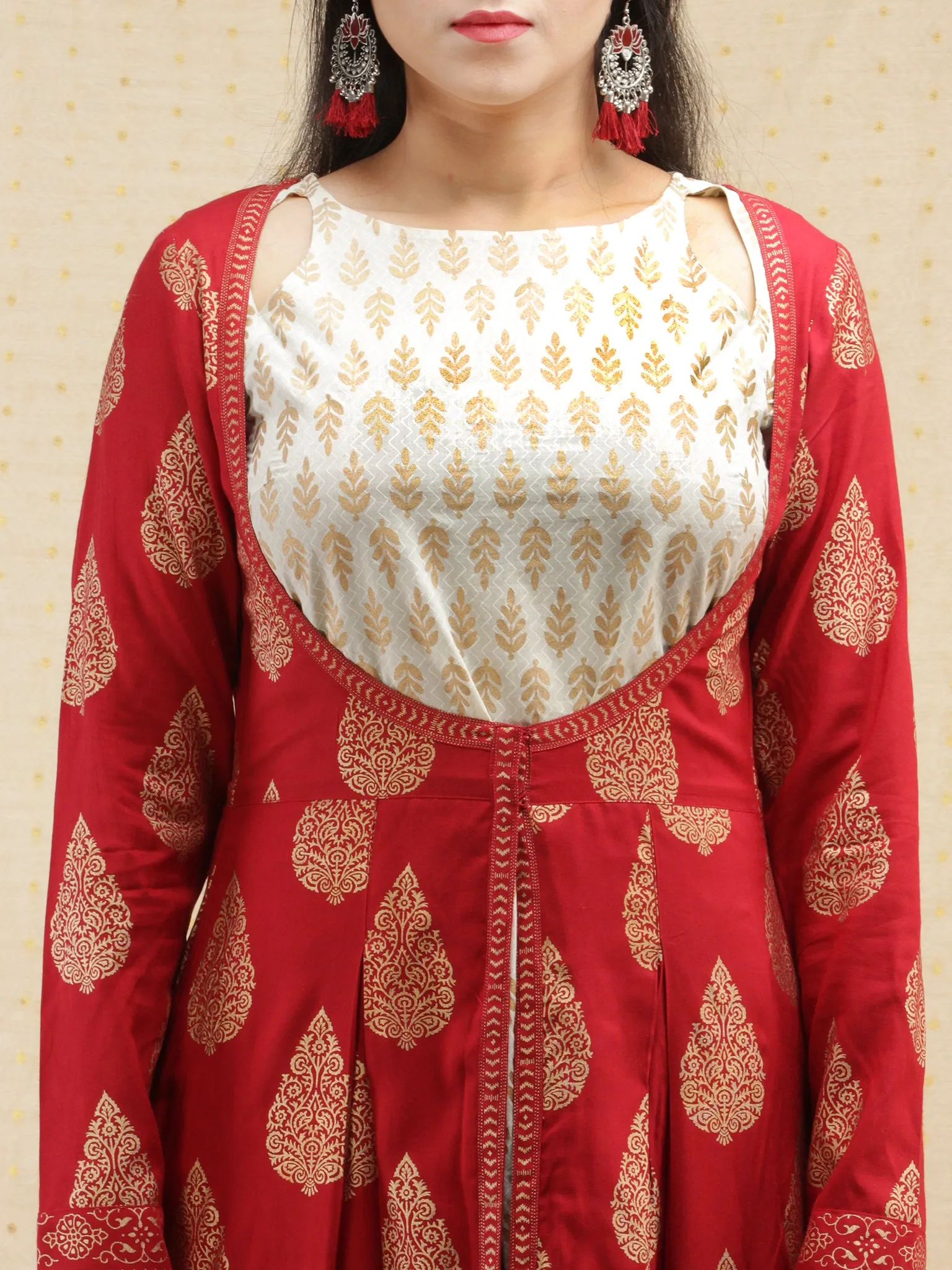 Nazakat - Red Gold Printed Long Cape Dress With Tunic - D377FXXx