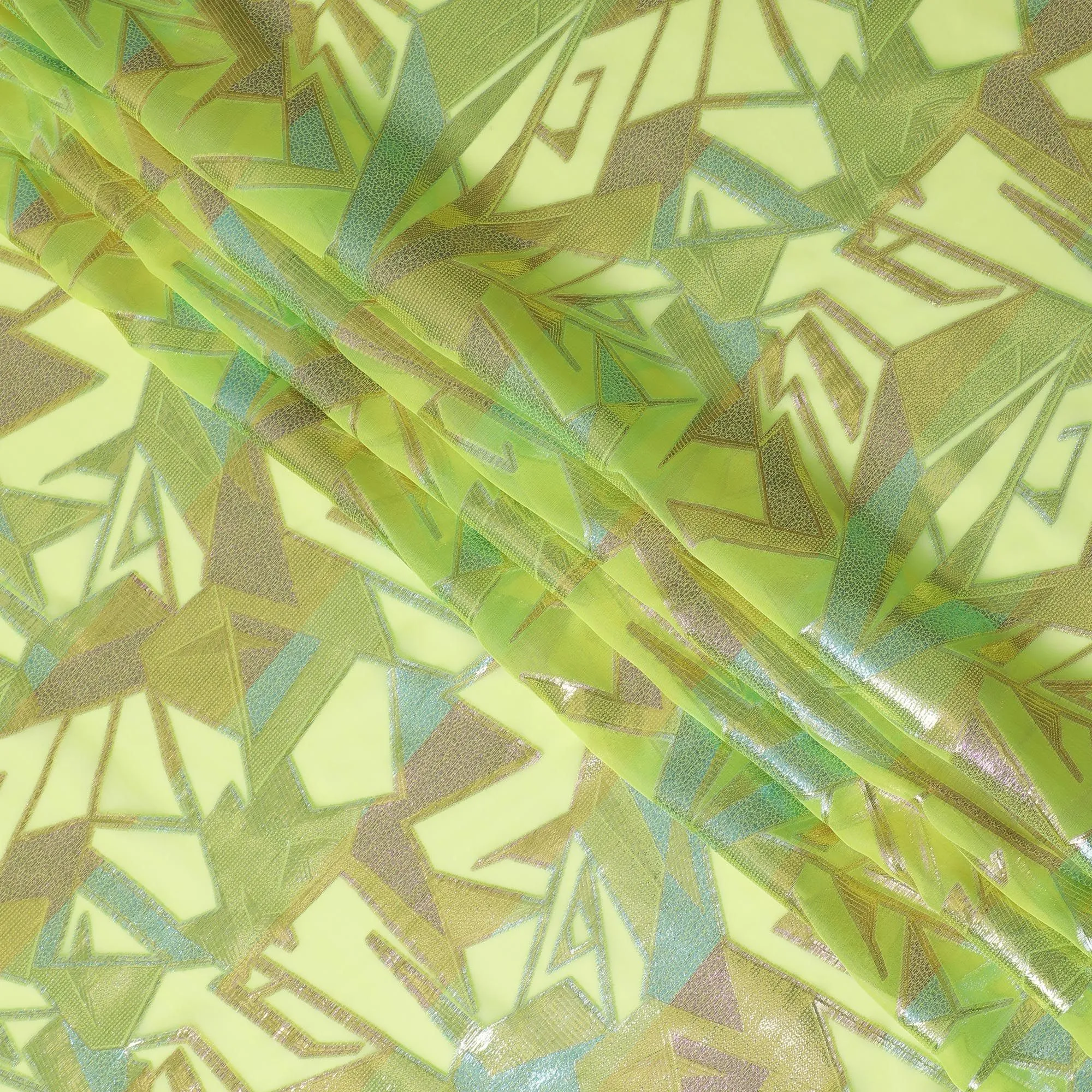 Neon Lime Geometric Silk Chiffon Fabric, 140cm - Electrifying South Korean Design-D17792