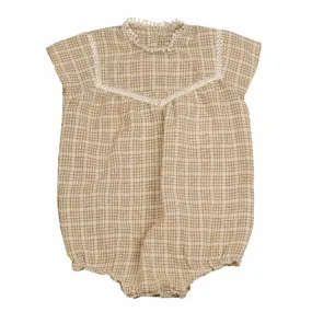 Noma Beige Lace Trim Plaid Romper