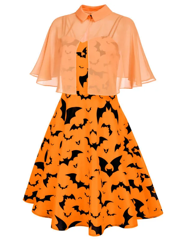 Orange 1950s Cape Patchwork Swing Dress