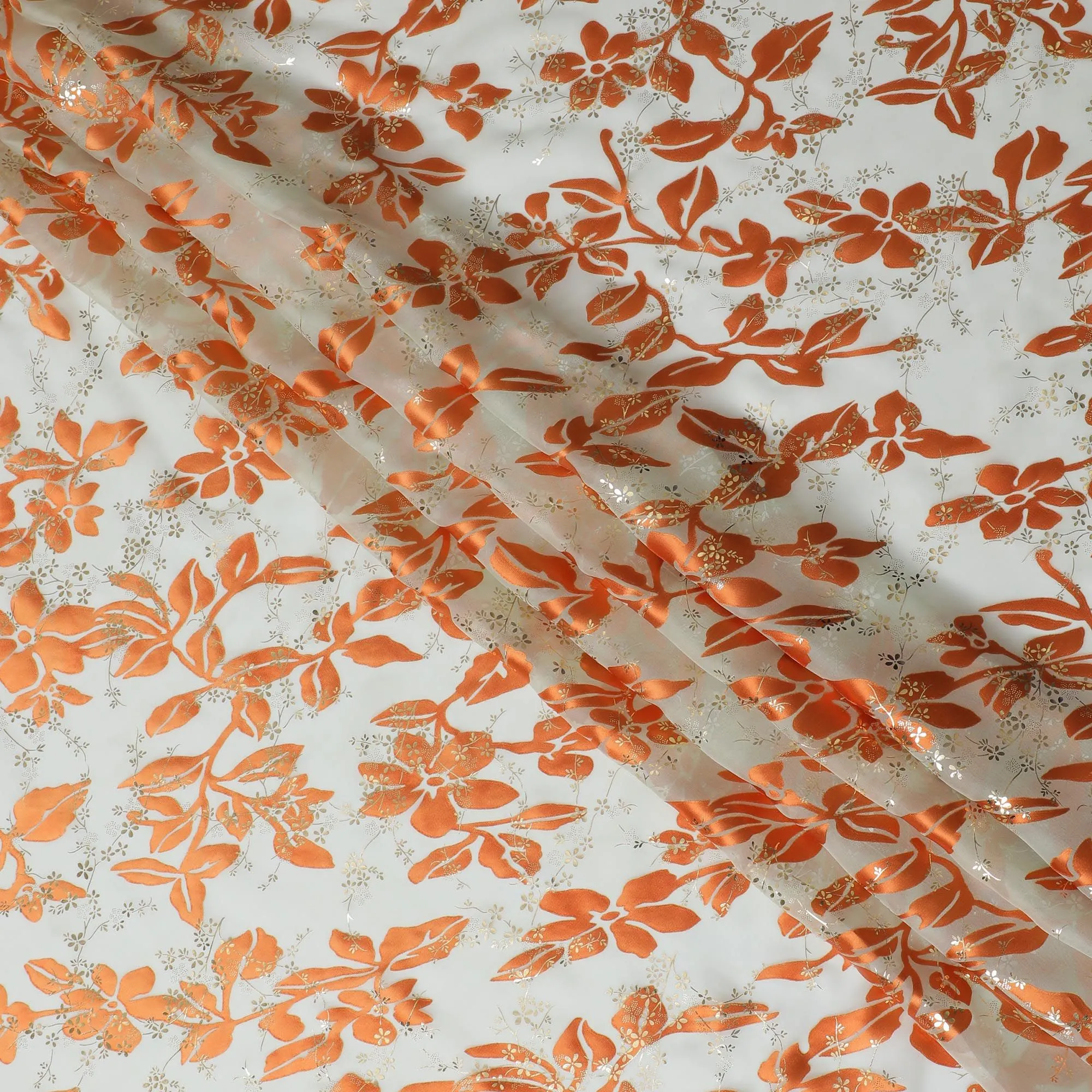 Orange Blossom Silk Chiffon Metallic Fabric - Floral Elegance from South Korea, 110 cm Width  - D17659