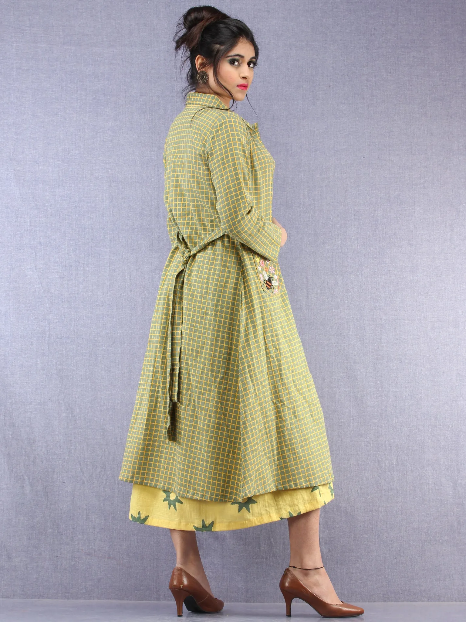 Parinaz - Block Printed Cotton Middi Dress With Tunic & Cape - D390F1993