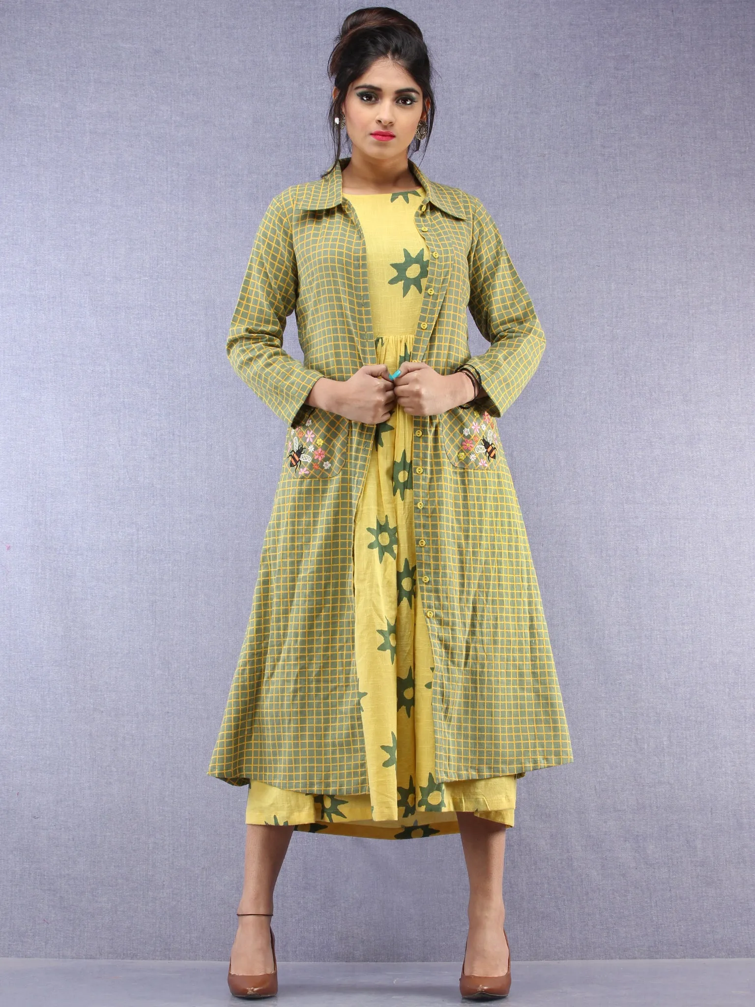 Parinaz - Block Printed Cotton Middi Dress With Tunic & Cape - D390F1993