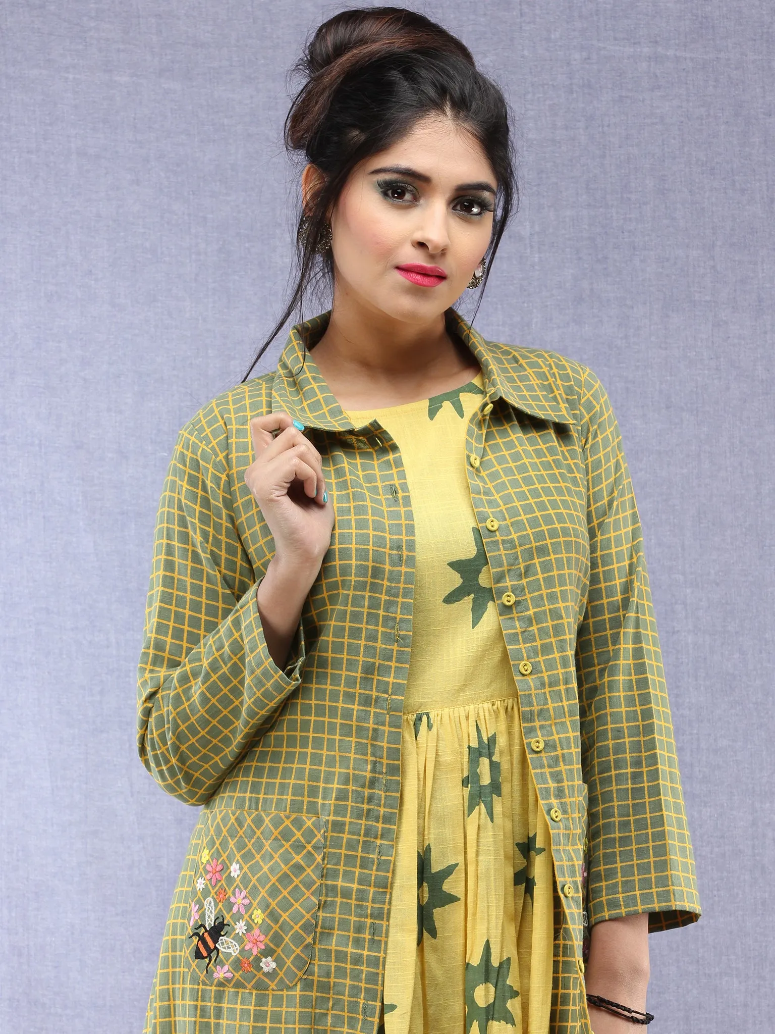 Parinaz - Block Printed Cotton Middi Dress With Tunic & Cape - D390F1993