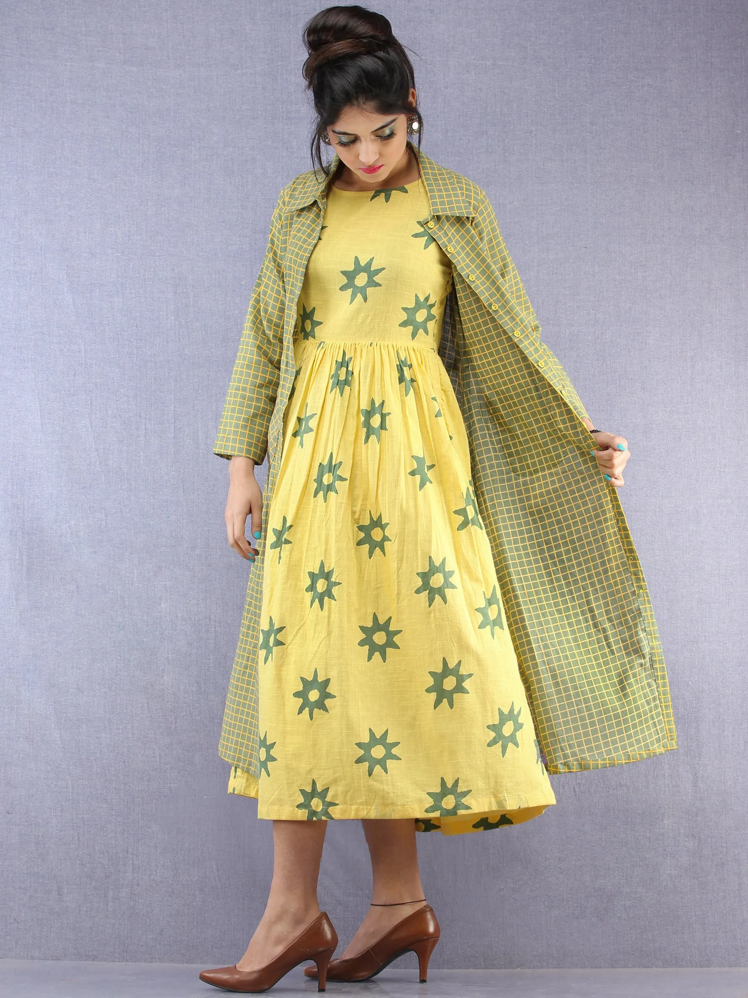 Parinaz - Block Printed Cotton Middi Dress With Tunic & Cape - D390F1993